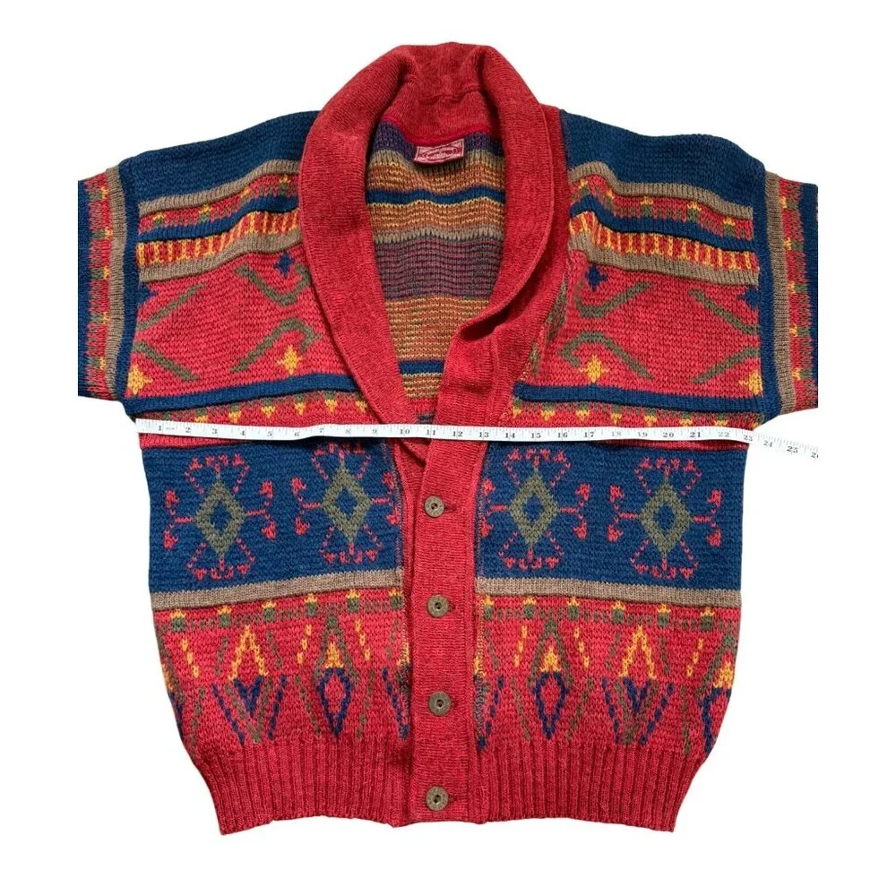 Skjaeveland Trend Cardigan Sweater Button Up Shawl-Collar Red Blue Aztec - Picture 5 of 7